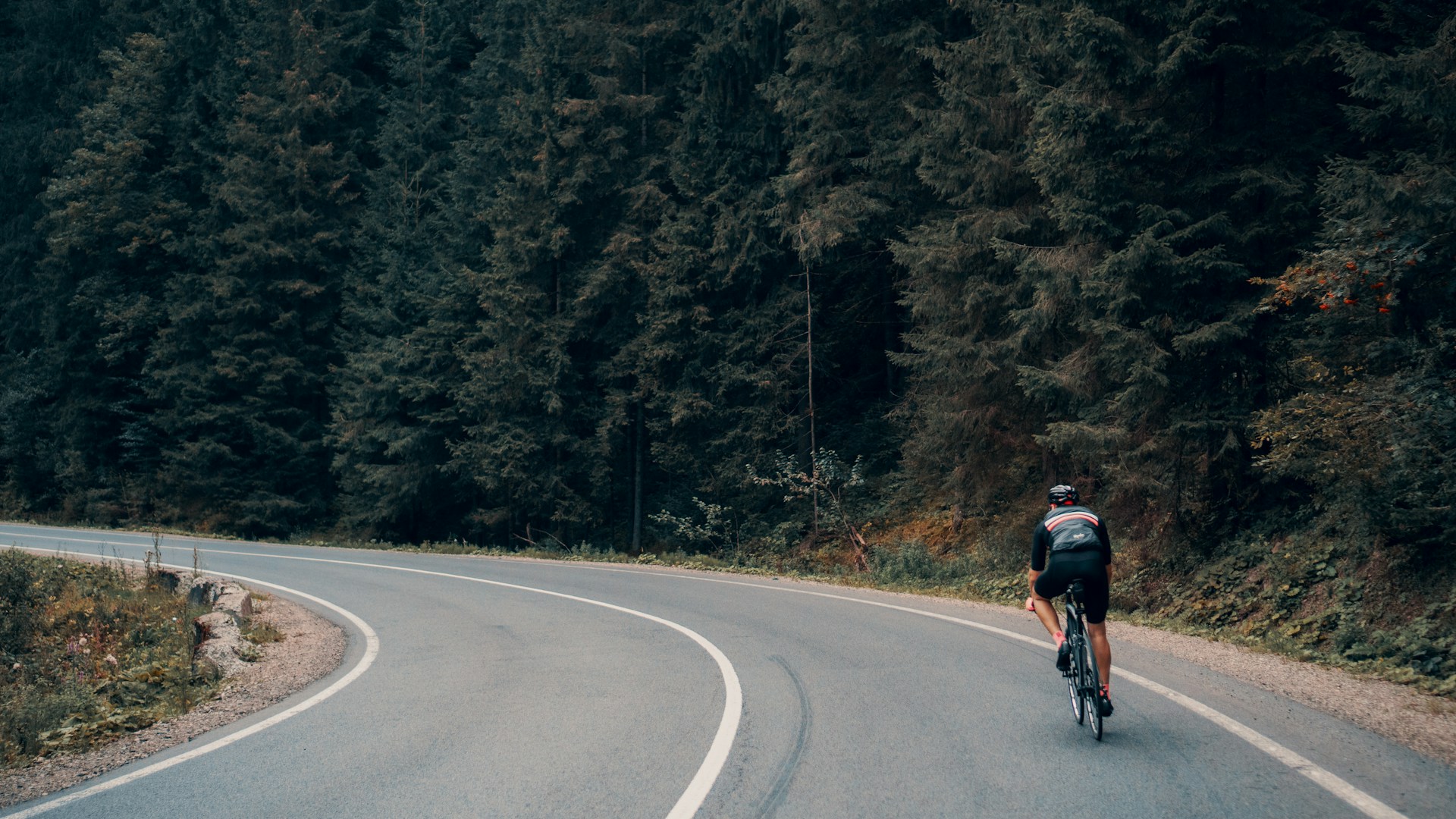 a person cycling on a highway in the mountains